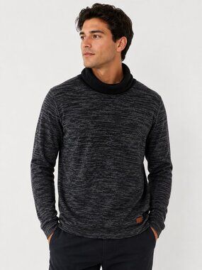 BLEND Sweater Men's Large Black Space Dye Cowl Neck Lightweight Casual Pullover